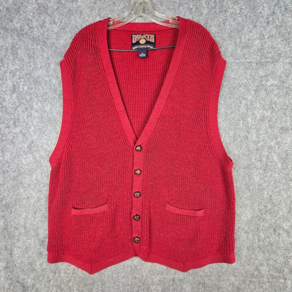 Duluth Trading Co Mens‎ XL Red 100% Wool Knit Button Front Sweater Vest 74041